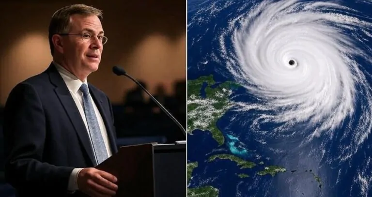 A split image of David Richardson speaking at a podium and a satellite view of a hurricane swirling over the Atlantic